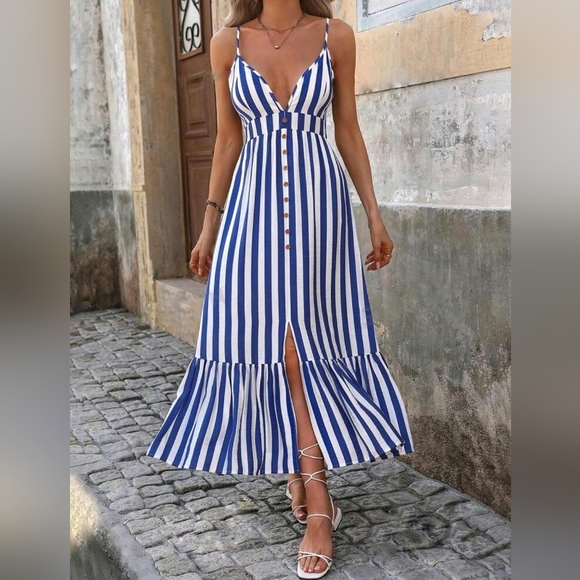 New Nautical Striped Ruffle Hem Long Dress White Blue - Picture 4 of 8